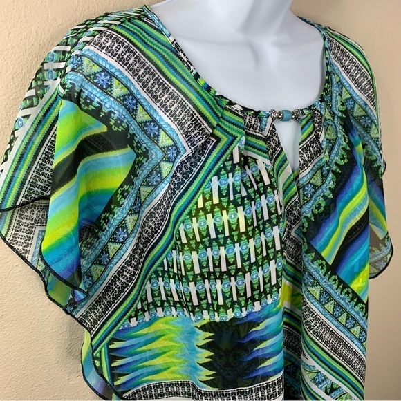Studio Works Blue Green Boho Peasant Bohemian Blouse Flowy Size Small - Picture 5 of 9